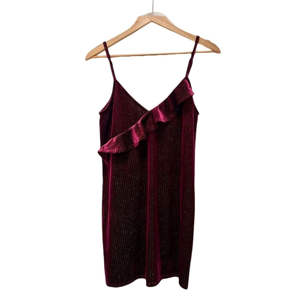 Dainty Hooligan Womens S Burgundy Velvet Glitter Ruffle Cami Mini Dress